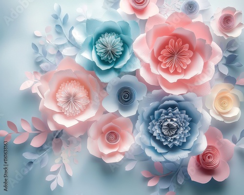 Charming wall background featuring pastel paper flowers suitable for various celebrations