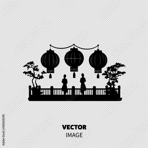 Silhouettes of two figures against Chinese lanterns, creating a tranquil and festive atmosphere in a garden setting.