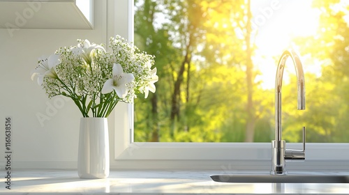 White flowers in vase on kitchen counter, sunlit window view.