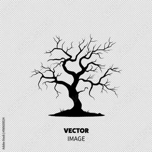 A haunting silhouette of a gnarled, leafless black tree isolated on a white background.