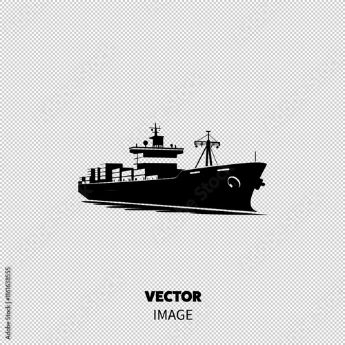 A sleek black cargo ship silhouette, symbolizing maritime trade and transportation.