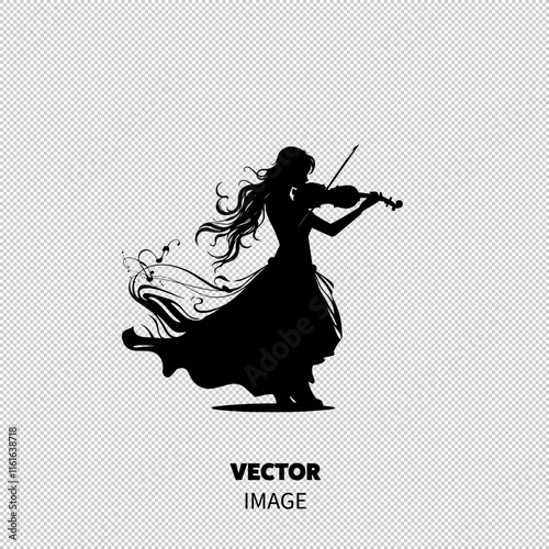 Silhouette of a woman playing the violin, her flowing dress and hair capturing the essence of music and grace.