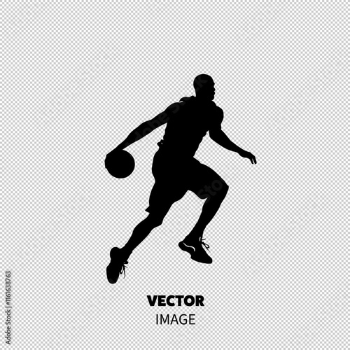 Silhouette of a male basketball player dribbling a ball, showcasing athleticism and dynamic movement.