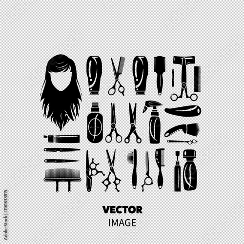 Silhouettes of hairdressing tools and a woman's long hair, representing salon services and hairstyling.