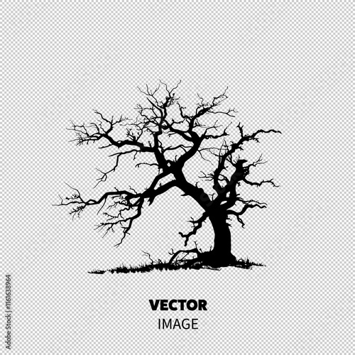 A stark, silhouetted tree with twisted branches against a white background, evoking a mysterious and eerie mood.