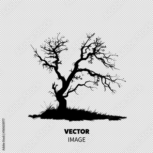 Silhouette of a gnarled, leafless tree against a white background, evoking a sense of solitude and resilience.