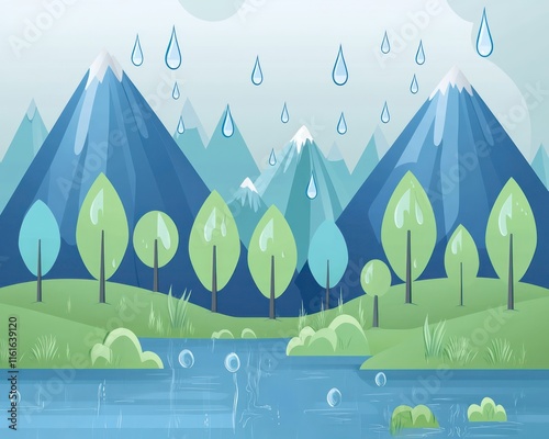 Clean water drops over eco-friendly landscape featuring mountains and trees, symbolizing purity and conservation,
