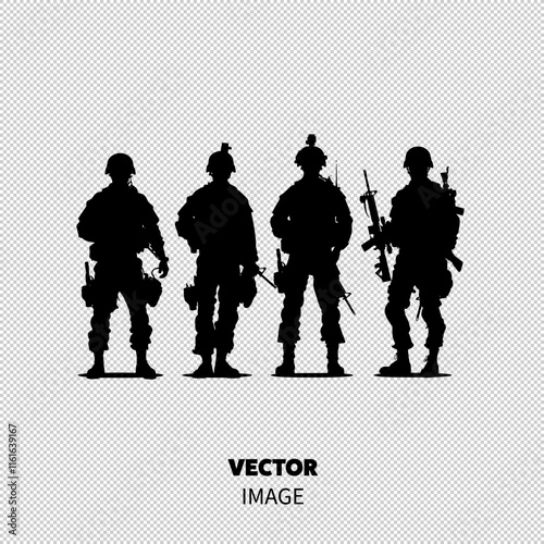 Silhouettes of four armed soldiers in various poses, embodying strength and camaraderie.