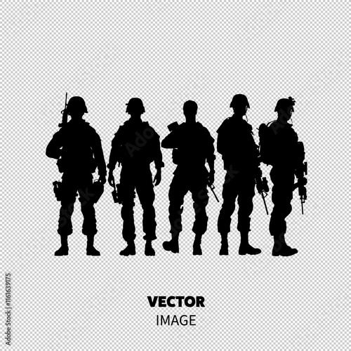 Silhouettes of diverse soldiers standing in a line, showcasing strength and unity.