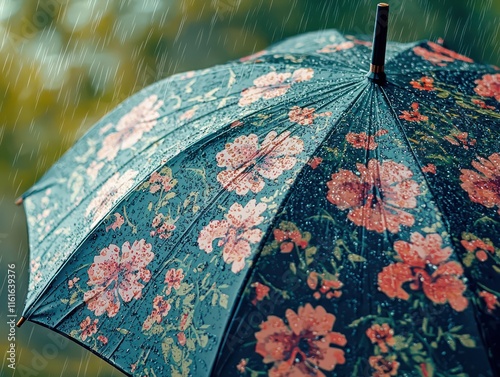 a floral-patterned umbrella opening in the rain, showcasing intricate design details photo