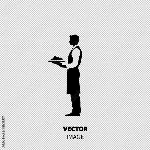 Silhouette of a male waiter holding a plate of food, showcasing professionalism and service.