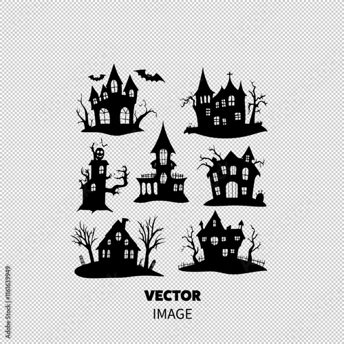 A collection of spooky, silhouette-style haunted houses, perfect for Halloween decorations.