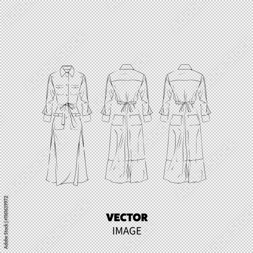 Fashion sketch of a stylish long shirt dress with a tie waist, featuring pockets and a flowy design.