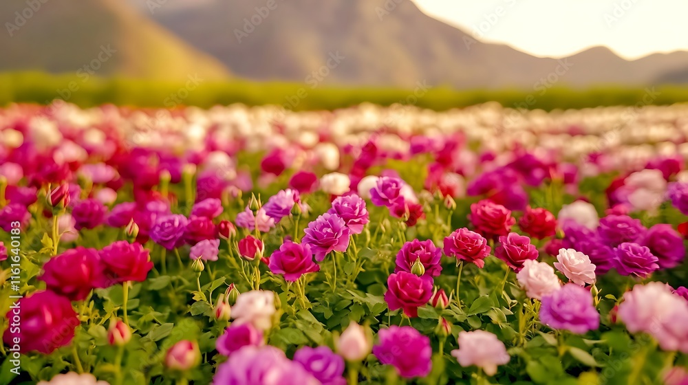 A vibrant field of blooming roses under soft sunlight. A vibrant field of blooming roses under soft sunlight.