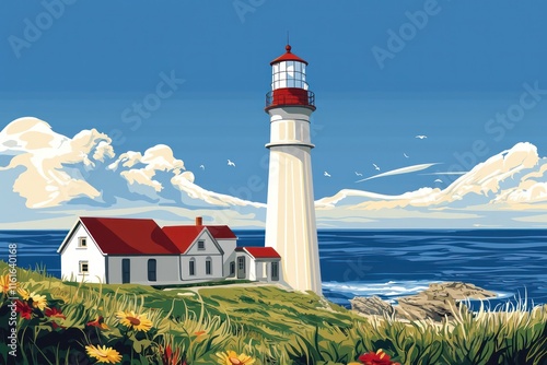 Coastal lighthouse illustration with vibrant colors and scenic views