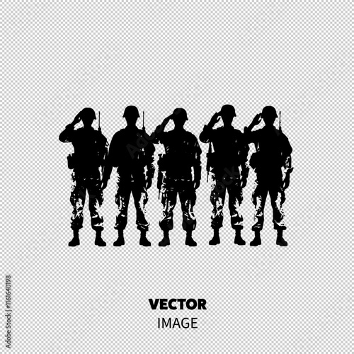 Group of five male soldiers in military uniforms standing at attention, saluting in silhouette against a neutral background.