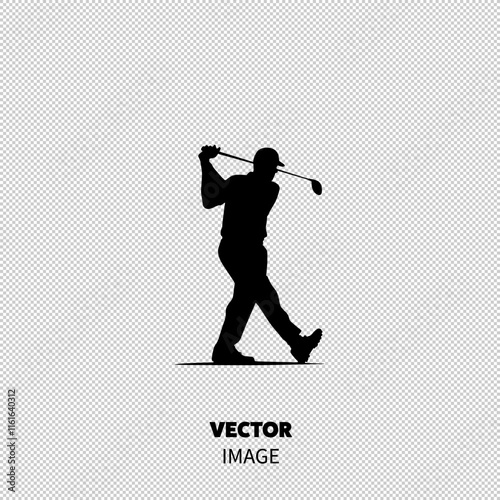 Silhouette of a male golfer executing a powerful swing against a white background.