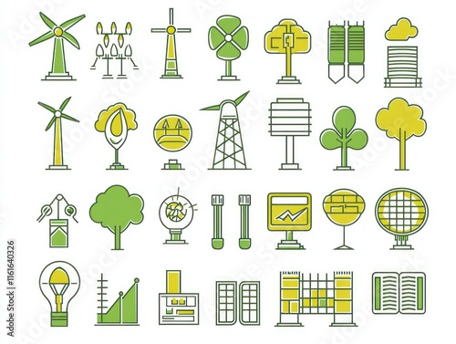 Collection green energy thin line icons representing renewable energy and green technology for design projects,