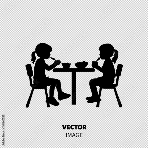 Two young girls enjoying a meal together at a table, silhouetted against a white background.