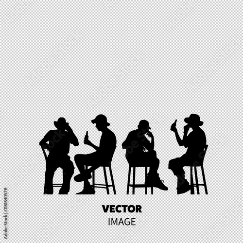 Four male silhouettes sitting on bar stools, each holding a drink, creating a relaxed and contemplative mood.
