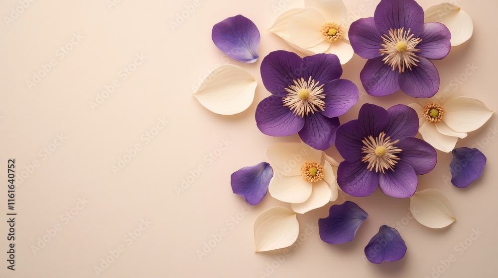 Obraz premium Purple blooms and cream petals on taupe background with diffused light