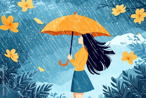 Concept rainy days illustrated by a woman holding an umbrella amidst spring showers