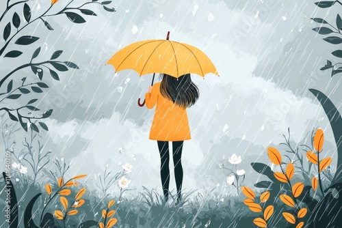 Concept rainy days illustrated by a woman holding an umbrella amidst spring showers