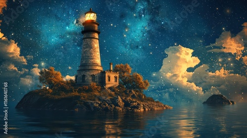 Concept safety and hope with a lighthouse on a tranquil island under starlit skies