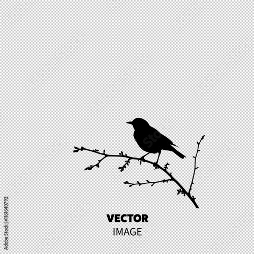 A silhouette of a bird perched on a branch against a soft white background.