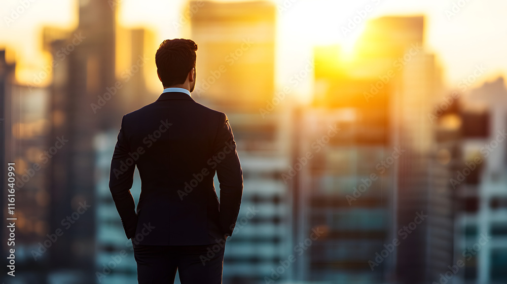 Businessman Observing Cityscape at Sunset Businessman Observing Cityscape at Sunset