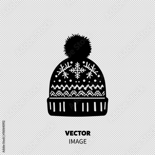 Stylish black knit beanie featuring a pom-pom and winter-themed patterns.