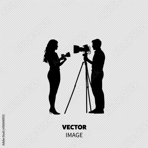 Silhouettes of a woman holding a microphone and a man operating a camera, set against a bright background.