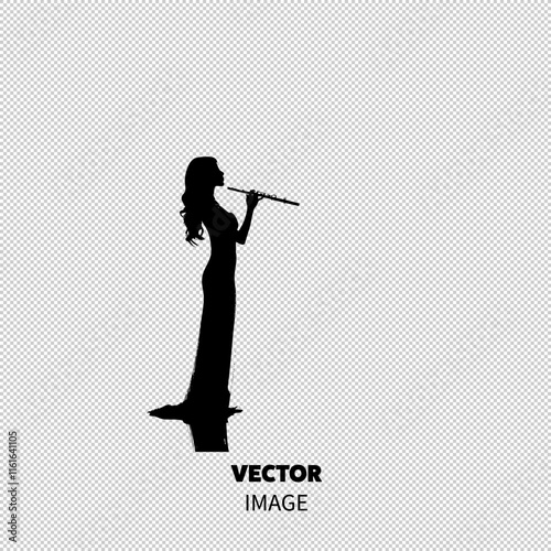 Silhouette of a woman in a black gown playing the flute, creating a serene and elegant atmosphere.
