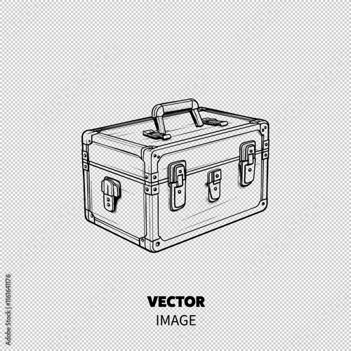 Illustration of a vintage metal toolbox with a sturdy handle and clasp closures.