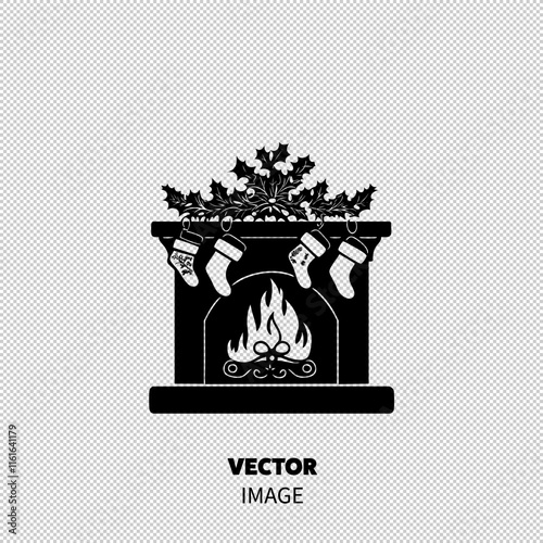 A cozy black and white illustration of a fireplace adorned with Christmas stockings and holly.