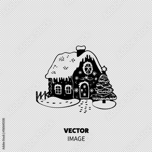 A charming black and white illustration of a festive house adorned with snow and a decorated Christmas tree.