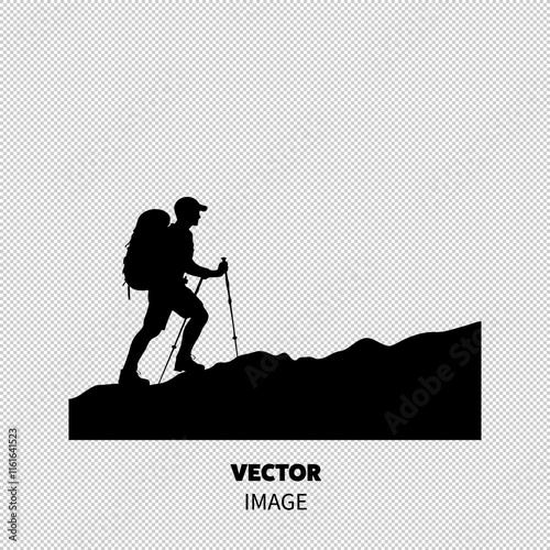 Silhouette of a male hiker ascending a mountain trail against a backdrop of rugged peaks.