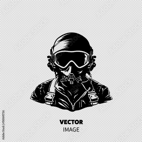 A silhouette of a male pilot wearing a flight helmet and mask, exuding confidence and readiness.