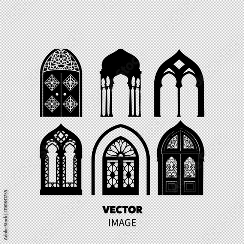 A collection of six intricate black silhouette designs of ornate doors and windows, showcasing diverse architectural styles.