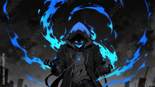 black anime aesthetic wallpaper laptop,Hooded anime man summoning blue flames in an empty void

