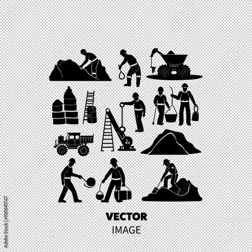 Silhouettes of construction workers engaged in various mining and excavation activities.