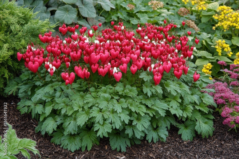 Naklejka premium Dicentra Valentine blooms in early summer with puffy dangling bright red heart shaped flowers featuring a white tip
