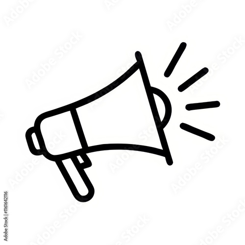 Minimalist black megaphone icon with sound lines on a white background