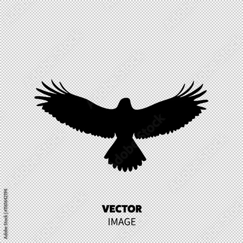 Silhouette of a majestic hawk soaring with outstretched wings against a white background.