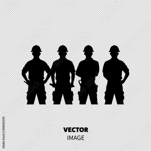 Silhouettes of four male construction workers showcasing teamwork and strength.
