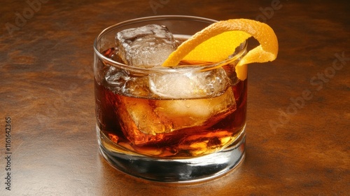 A classic Old Fashioned cocktail with a large ice cube, orange peel garnish, moody lighting 