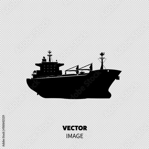 Silhouette of a large cargo ship with various features, representing maritime industry and trade.