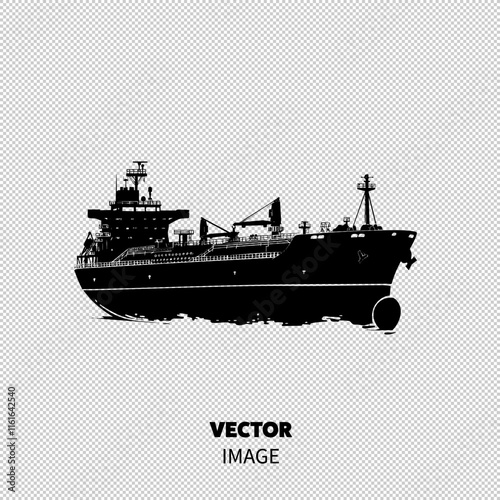 Silhouette of a large cargo ship navigating through calm waters.