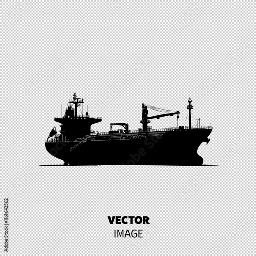 Silhouette of a large cargo ship against a minimalistic background.