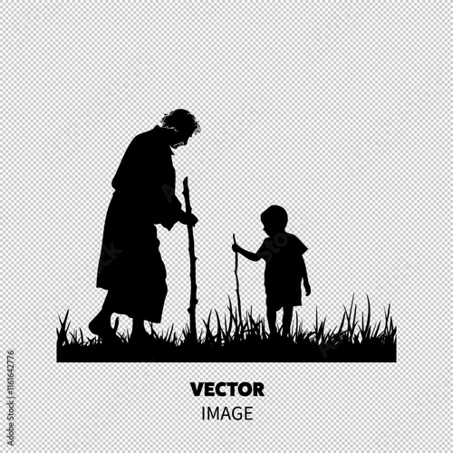 Silhouette of an elderly man and a child walking together through tall grass, sharing a moment of connection.